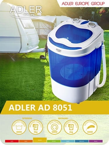 Pralka turystyczna Adler AD 8051 (1000 obr/min; 3 kg; 370 mm; kolor niebieski)-B6487259y0j0E1o7F181p8C2b757e0E4