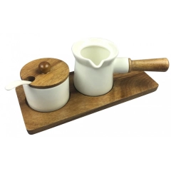 Zestaw cukiernica i mlecznik, porcelana - drewno akacjowe Kassel