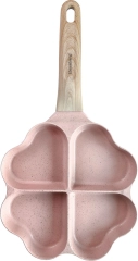 Patelnia z powłoką nieprzywieralną, 4 sekcje w kształcie serca, różowa z drewnianą rączką, 35,5x19,2x2,8cm, Klausberg, KB-7820