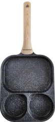 Patelnia prostokątna z powłoką nieprzywieralną, 3 sekcje, czarna z drewnianą rączką, 41x19,2x2,8cm, Klausberg, KB-7827
