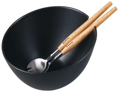 Misa ceramiczna do sałat, czarna, z zestawem stalowych łyżek z drewnianymi uchwytami, Klausberg, KB-7786