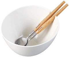 Misa ceramiczna do sałat, biała, z zestawem stalowych łyżek z drewnianymi uchwytami, Klausberg, KB-7787