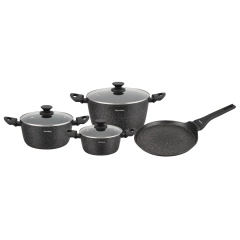 Zestaw garnków 7 elementów z patelnią naleśnikową, aluminium odlewane, marmurkowa powłoka non-stick, czarny, Klausberg, KB-7962